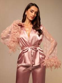 Silquee Fuzzy Trim Belted Satin PJ Set / Pajama Set, Fall Winter Clothes Women's Satin Robe And Pant Pajama Set With Feather Trim And Sheer Heart Sleeves Lounge Sleepwear Elegant Pink Satin Feather Trim Pajama Set For Women Long Sleeve Heart Dot Mesh Robe And Long Pants Women's Luxurious Pink Satin Pajama Set Sheer Sleeve Robe With Feathers And Wide Leg Long Pants Valentine's Day Sexy Lace Galentines Adult Date Night  Spandex See Through Romantic Sexy Curve Wedding Guest Pajamas - Pink - View 5