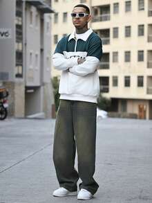 Devon Thys Men's Pullover Quarter Zip Sweatshirt With Letter Print Patchwork, Fashion Long Sleeve Loose Fit Lightweight Sweatshirt, Spring/Autumn - Army Green - View 5