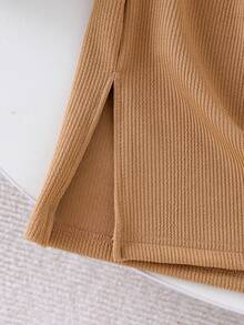 2pcs/Set Young Girls Ivory Ribbed Knit Tank Top And Khaki Skirt, Children Casual Minimalist Daily Outfit, Summer - White - View 6