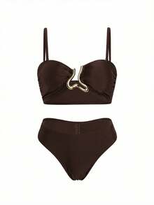 Swim Oasis 三件套女士吊带泳衣套装，时尚复古纯蓝色，金属装饰，可调节肩带抹胸上衣搭配褶皱腰长裙，适合游泳、海滩、休闲等场合。 - 咖啡棕 - 查看 3