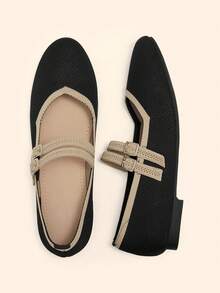 CUCCOO BASICS Women's Round Toe Flat Black Knit Slip-On Sandals With Double Strap & Buckle Closure, Comfortable Breathable Casual Commuter Versatile Mary Jane Shoes Valentine's Day - Black - View 4