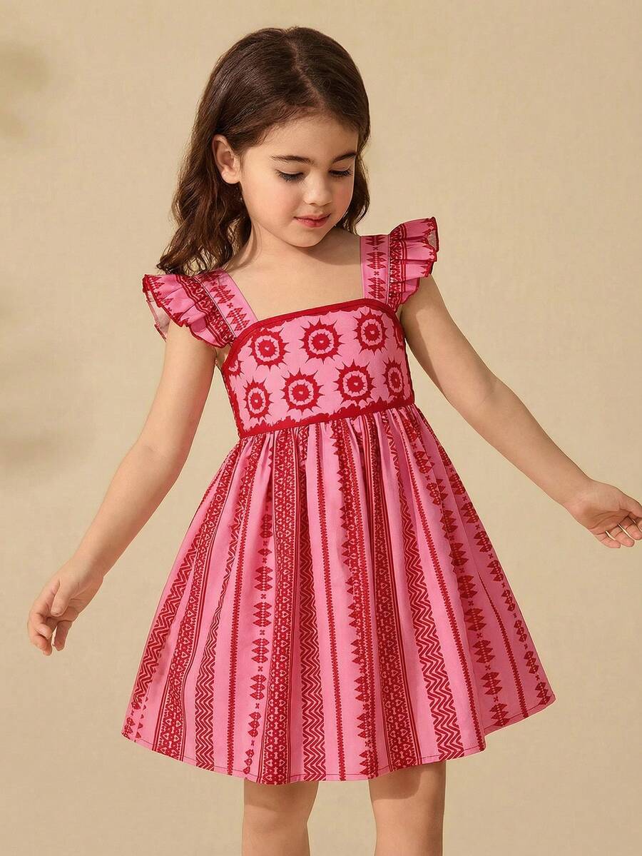 Travachic KIDS 小女孩可爱碎花印花短袖夏季度假连衣裙 - 粉色 - 查看 1