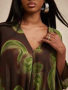 NYA SZN 女士V领撞色休闲沙滩罩衫连衣裙 - 彩色 - 查看 5