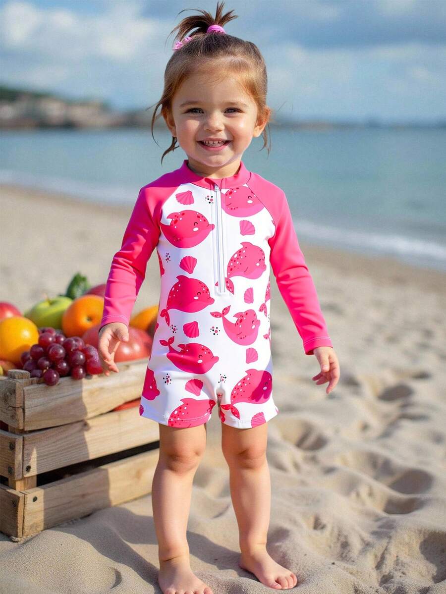 Traje de baño de una pieza de manga larga para bebé niña con estampados aleatorios - Rosa Fucsia - Ver 1