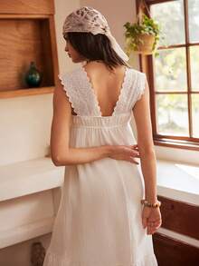 Bohemian Casual Vacation Loose Fit V-Neck Long A-Line Cotton Nightgown For Women - White - View 2