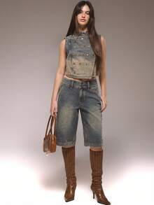 MUSERA Funnel Neck Studded Detail Sleeveless Denim Top Only Winter Cute Streetwear Going Out Casual Western Born Faded - Light Wash - View 5