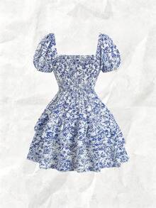 Olithes Women's Elegant Casual Minimalist Square Neck Puff Sleeve Cinched Waist Short Printed Vacation Dress, Summer - Blue and White - View 2