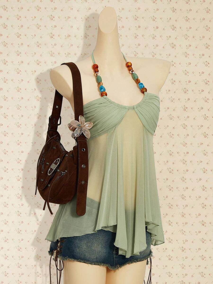 SHEIN ICON Áo tank top cổ yếm phong cách miền Tây Boho cổ điển màu nâu kiểu đồng quê Y2k, thích hợp cho các buổi hòa nhạc, kiểu babydoll, dáng suông, đính cườm, dành cho nữ, thích hợp cho mùa hè. - Màu xanh Ô liu - Xem 1