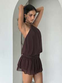 Aloruh Purple Chiffon Backless Jumpsuit, Elegant For Commute, Daily, Party, Vacation - Purple - View 3