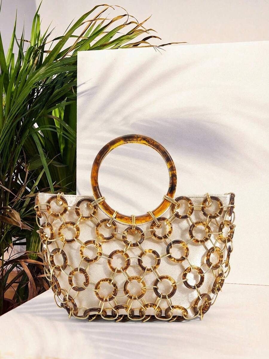 SHECARRY Bolso de mano de gran capacidad y diseño elegante con anillo circular para mujeres - Albaricoque - Ver 1