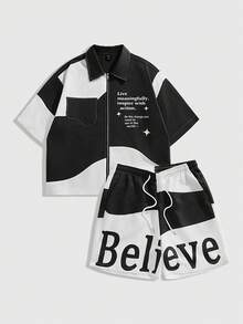ROMWE MEN Prep Men's Collegiate Style Color Block Letter Print Zip-Up Short Sleeve Shirt And Drawstring Waist Shorts Set, Spring/Summer - Multicolor - View 1