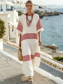 SHEIN Holidaya Women's Dress, Round Neck, Raglan Sleeve, Front & Back Digital Red Stripe Print Design, Cotton-Like Bamboo Fiber Texture, All-Match Style, Casual Daily Wear - Multicolor - View 3