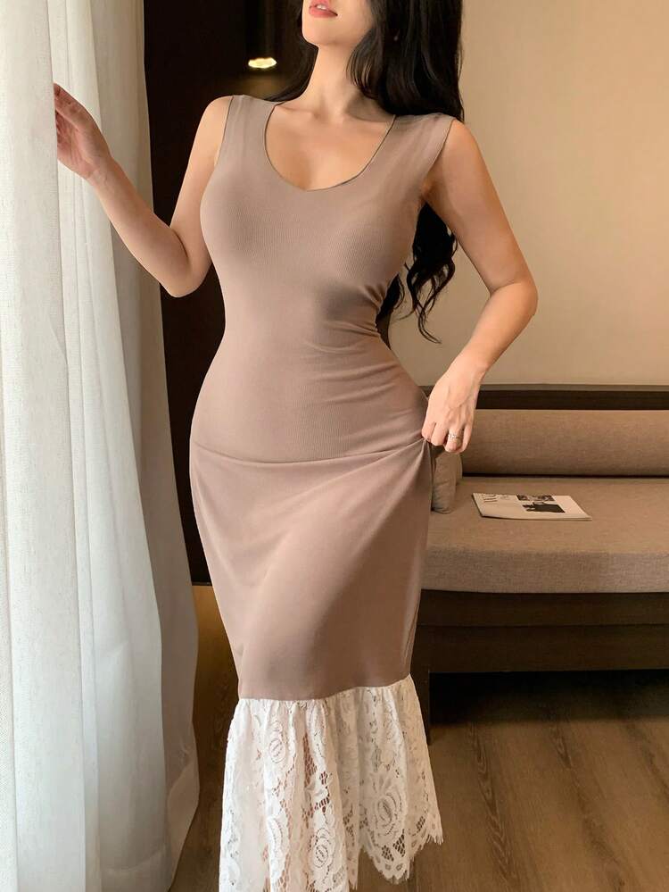 Knitted V-Neck Sleeveless Contrast Color Lace Patchwork Slim Fit Long Dress Nightgown For Women