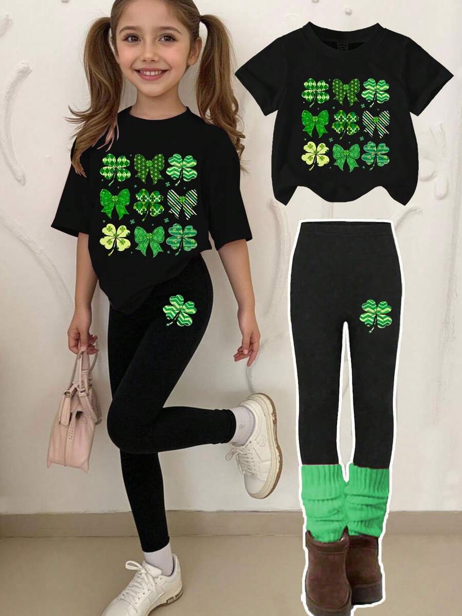 一套少女休闲舒适时尚百搭创意可爱圣帕特里克节三叶草蝴蝶结印花短袖T恤和打底裤套装,适合春夏穿着 - 黑色 - 查看 1