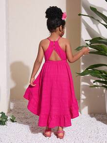 Young Girls Backless Long Waist Cinched Dress, Casual, Fashionable, Versatile, Suitable For Party, Outing, Photo Shoot With Friends, Park, Camping, Vacation, Daily Casual Wear - Pink - View 3