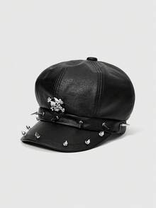 ROMWE Grunge Punk 1pc Women's Rivet Hat Y2K Punk PU Leather Rivets Hat, Adult Hip Hop Street Dance Skull Hat Punk Style Cool Octagonal Hat, Suitable For Daily Use Or Party - Black - View 1