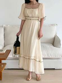 DAZY Women's Patchwork Contrast Color Ruffle Hem Waist Midi Dress Sundress - Yellow - View 4