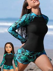 Swim SPRTY 2pcs Women Tropical Plant Print Long Sleeve Tankini Swimsuit Set, Summer, Christmas Outfits, New Year Outfits - Multicolor - View 1