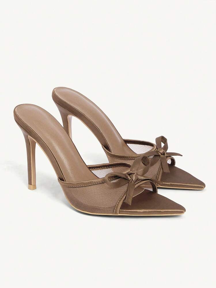 CUCCOO CHICEST Women Shoes Brown Satin Mesh Splicing Summer And Summer Bow Elements Fashion Sexy Pointed Stiletto Slippers Summer Shoes Wedding Shoes Bride Shoes