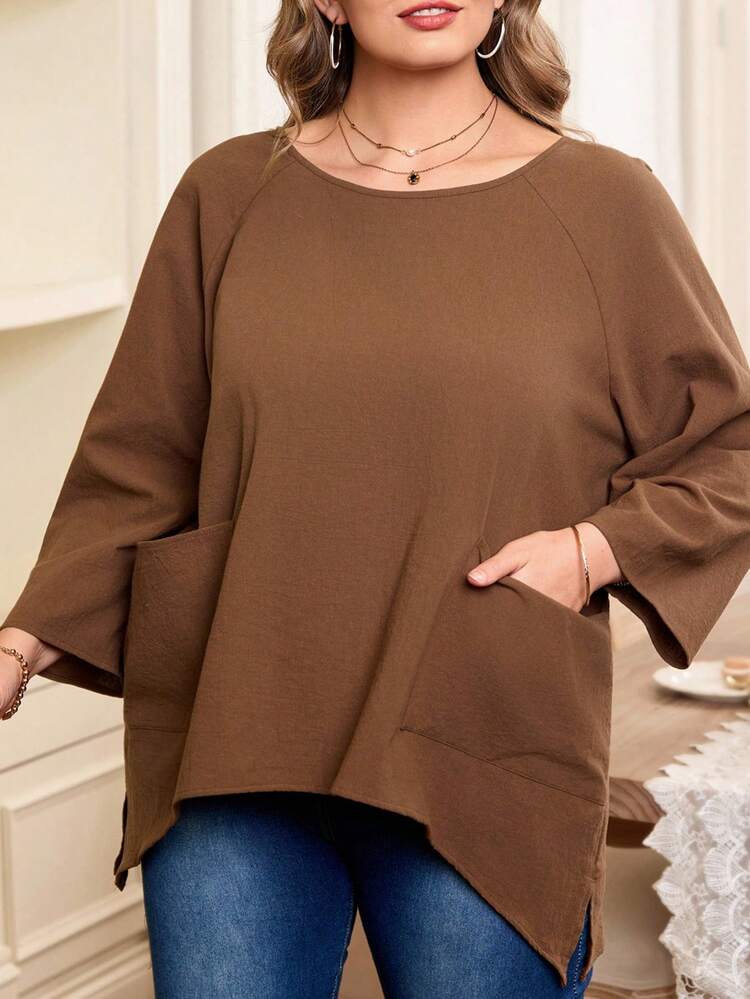Plus Size Women's Solid Color Round Neck Raglan Sleeve Pocket Loose Blouse,Vacation/Summer/Spring Plus Size Casual Tops  Elegant Dress Women
