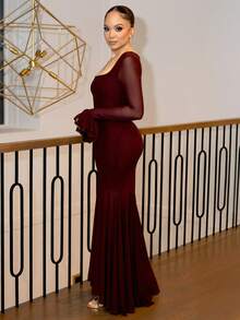Melissa Matos Burgundy Square Neck Asymmetrical Hem Ruffle Sleeves Elegant Sexy Dress Suitable For Romantic Date, Wedding, Party, Daily Wear, Gathering, Party, Night Outing, Nightclub, Burgundy Dress Long Sleeve Formal Dress Burgundy Dress Elegant Long Sleeve Dress Suitable For Romantic Date, Outing, Party, Wedding, Valentine's Day - Burgundy - View 6