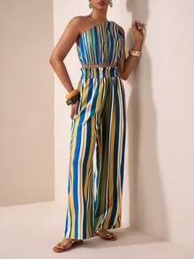 Zivah 2026 Spring/Summer New Arrival Spaghetti Strap Twist Front Crop Top + Straight Loose Pants Women 2 Pieces Set, Frill Trim, Real Pockets, Striped & Floral Print, Vacation Outfit - Multicolor - View 7