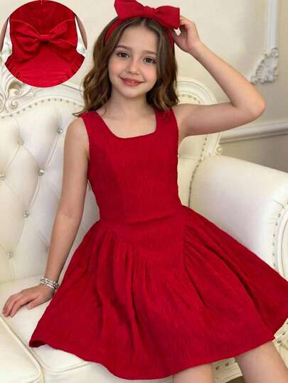 SHEIN 少女蝴蝶结露背纹理腰身休闲连衣裙，百搭日常穿着、海滩度假、情人节皆宜，适合春夏穿着，波西米亚风红色连衣裙