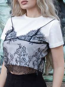 Elenary Edit Summer White Lace Spliced Round Neck Short Sleeve T-Shirt (2 In 1) - Multicolor - View 5