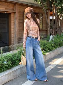 DAZY Women's Casual Fashion Street Style Daily Commute Korean Girly Versatile Washed Loose Wide-Leg Jeans - Blue - View 4