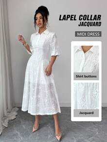 INAWLY Elegant White Midi Dress With Jacquard Embroidery Shirt Collar And Three Quarter Sleeves - White - View 1