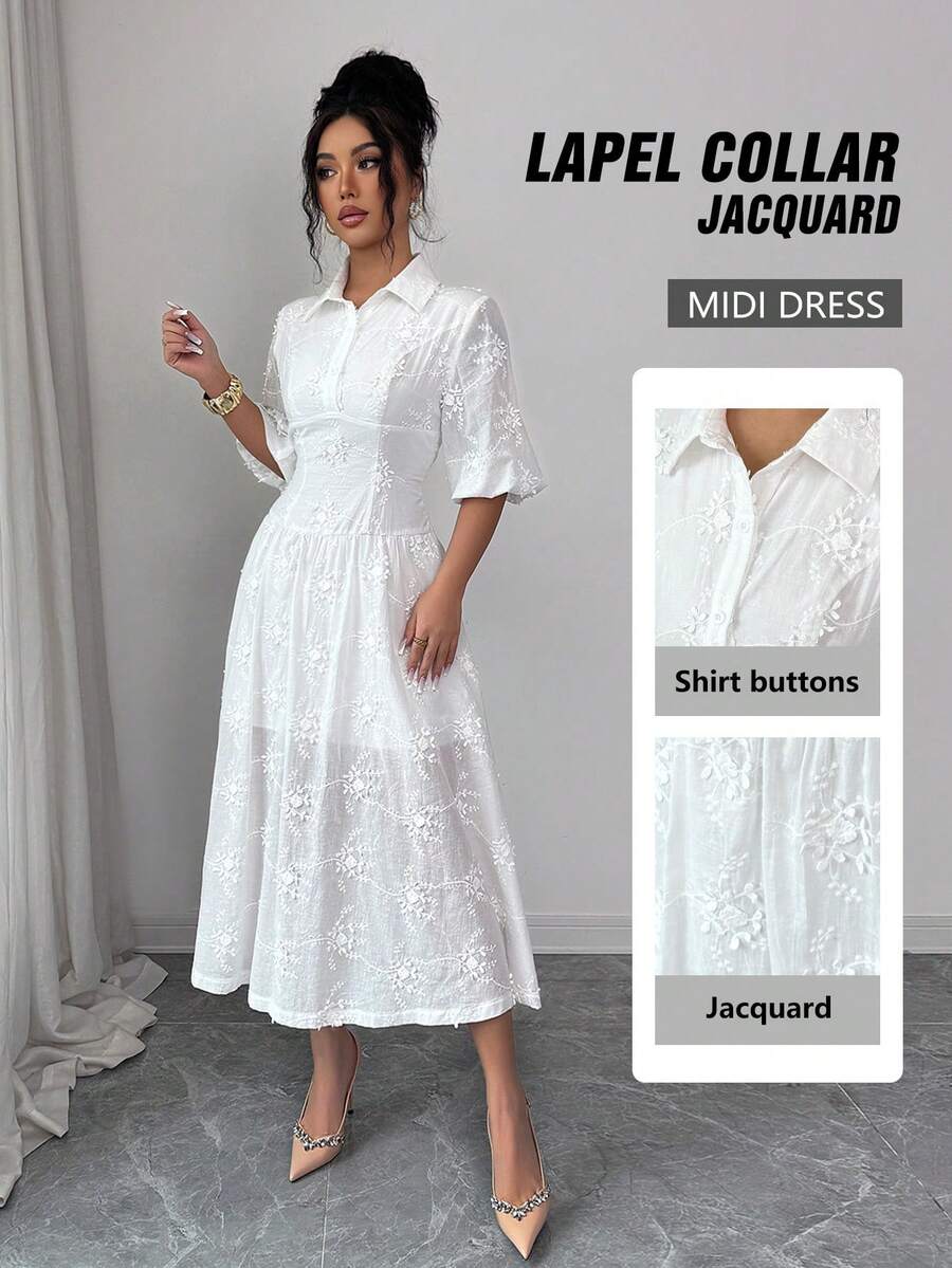 INAWLY Elegant White Midi Dress With Jacquard Embroidery Shirt Collar And Three Quarter Sleeves - White - View 1