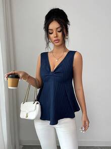 Rafferiza 女士优雅纹理面料无袖背心，休闲度假通勤装，春夏款 - 藏蓝色 - 查看 6
