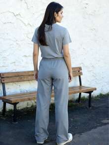 Set 2 piezas acanalado de blusa holgada con cordón en frente hombros caídos y pantalón acampanado con bolsas laterales y cordón en pretina de cintura tela fresca - Gris - Ver 2