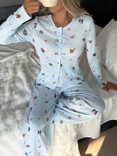 DAZY Süßer Schleifendekor Katzen- & Hundedruck Damen Pyjama Set