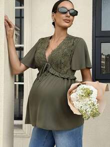 MaterniWear 孕妇V领打结设计休闲百搭日常短袖衬衫 - 軍綠色 - 查看 4