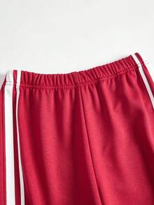 2pcs/Set Tween Girls Red And White Striped Wide Leg Pants Set,Cute School Autumn Petal Sleeve Bow Top,Loose Casual Stylish Colorblock Gathering Outfit - Burgundy - View 6
