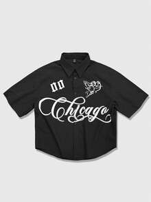 Men's Letter & Angel Print Button Front Short Sleeve Shirt - Black - View 1