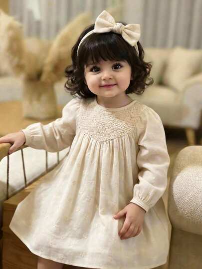 Cute Baby Girl Solid Color Apricot Faux Knit Fabric With 3D Embroidered Texture, Cute Puff Sleeves, Long Sleeve, A-Line, Casual Outing, Vacation, Back To School Fashion Dress, White Dress Cream Baby Girl Dress Baby Girl Puff Sleeve Dress Ivory Baby Dress Vintage Style Baby Dress Beige Toddler Dress Beige Baby Girl Dress Baby Girl Vintage Dress