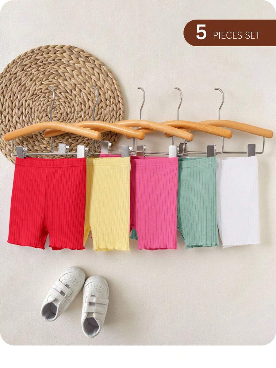 5pcs Baby Girl Casual Solid Color Elastic Waist Knit Shorts Set - Multicolor - View 1