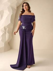 Coutiva Plus Size Women's Elegant Off-Shoulder Pearl Rhinestone Mermaid Gown,Purple Spring Evening Formal Party Dress,Modest Satin Ruched Waist Wedding Gown - Purple - View 1