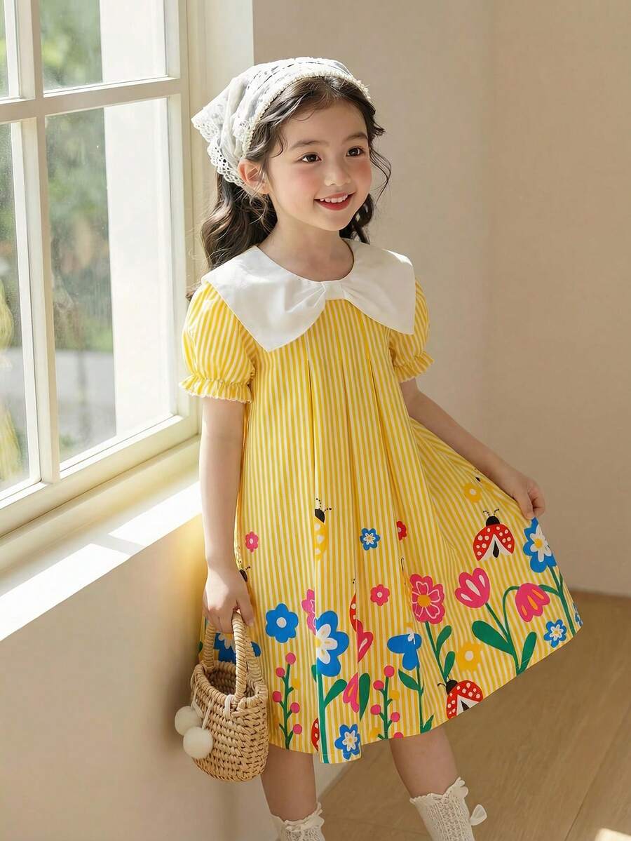 SHEIN Elladie kids 小女孩可爱蝴蝶结领口、花卉条纹印花褶皱下摆公主泡泡袖连衣裙,适合休闲、度假、优雅可爱的日常穿着。 - 黃色 - 查看 1