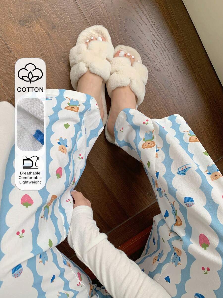 Dazy Plus Cartoon Floral Print Elastic Waist Loose Straight Leg Pajama Bottoms - Blue - View 1