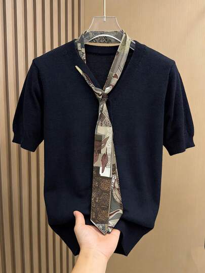 Franclia Women's Spring Pullover Sweater With Scarf, Solid Navy Blue Short Sleeve, Mature Mother's Wear With Buttons, Thin Knit Cardigan For Daily, Commute, Outings, Thanksgiving, Spring, Summer