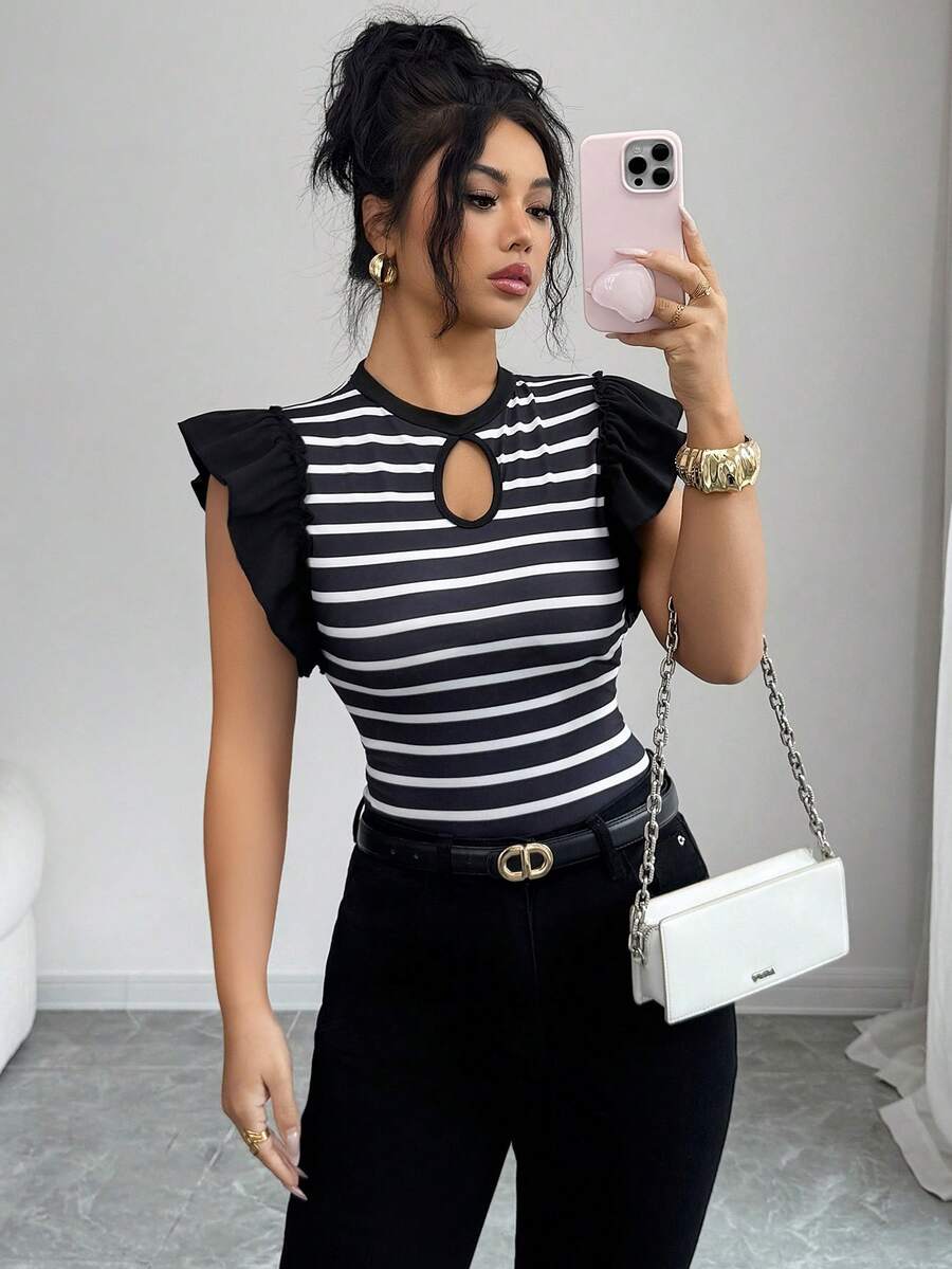 Rafferiza Women's Elegant Striped Patchwork Ruffle Trim Hollow Out Chest T-Shirt - Black - View 1