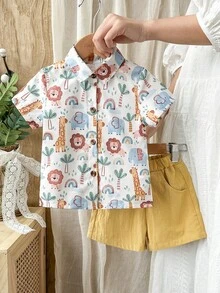SHEIN Vintaside Kids 2件套男婴夏季新款可爱动物印花POLO领短袖开衫衬衫和直筒黄色短裤套装，带口袋，休闲时尚 - 彩色 - 查看 5