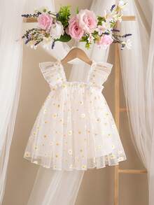 SHEIN Đầm mùa hè dễ thương, thanh lịch, họa tiết hoa, tay ngắn bằng vải lưới, dành cho bé gái. - Nhiều màu - Xem 1