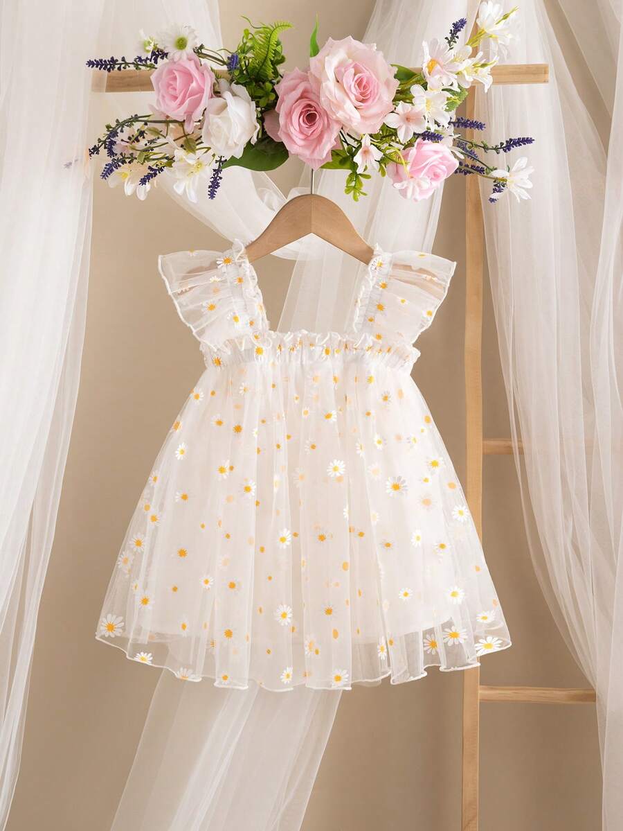 SHEIN Đầm mùa hè dễ thương, thanh lịch, họa tiết hoa, tay ngắn bằng vải lưới, dành cho bé gái. - Nhiều màu - Xem 1