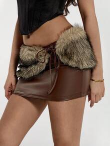 SHEIN ICON Minifalda sexy y con decoración esponjosa de cintura baja, con estilo boho, country y western, para conciertos, clubes y festivales como Coachella, en un diseño de piel y piel sintética marrón con estilo Mardi Gras y Y2K para mujeres - Marrón - Ver 4