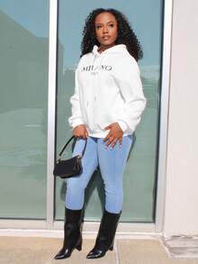 Steph T Women's Casual Simple Milano Pattern White Hoodie Sweatshirt, Loose Fit, Thick Thermal Lined, Suitable For Autumn And Winter,Long Sleeve Tops Back To School Fall And Winter Clothing Autumn And Winter - White - View 4