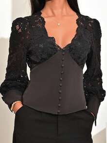 Mima John Premium V-Neck Lace Patchwork Cinching Waist Top - Black - View 4